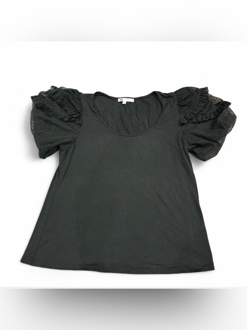 DR2 Black Olive Mesh Ruffle Sleeve Top Elegant Sheer Blouse Size M polkadot